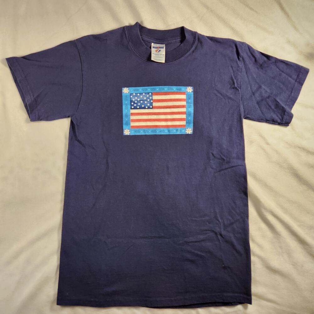 USA American Flag Glitter Graphic Tee - 100% Cotton Navy Blue - Small